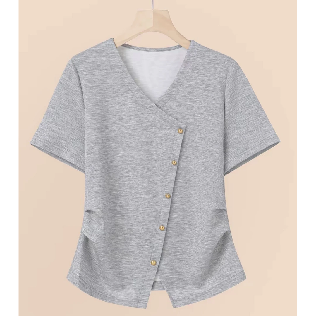 夏季新款V领斜扣气质女式小衫25DAK0887