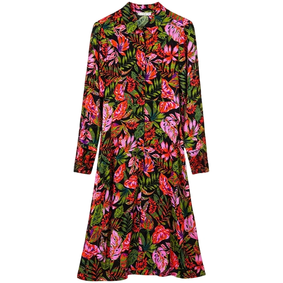 实体店微瑕多彩花卉连衣裙长袖常规修身长裙中长款女士夏季裹身