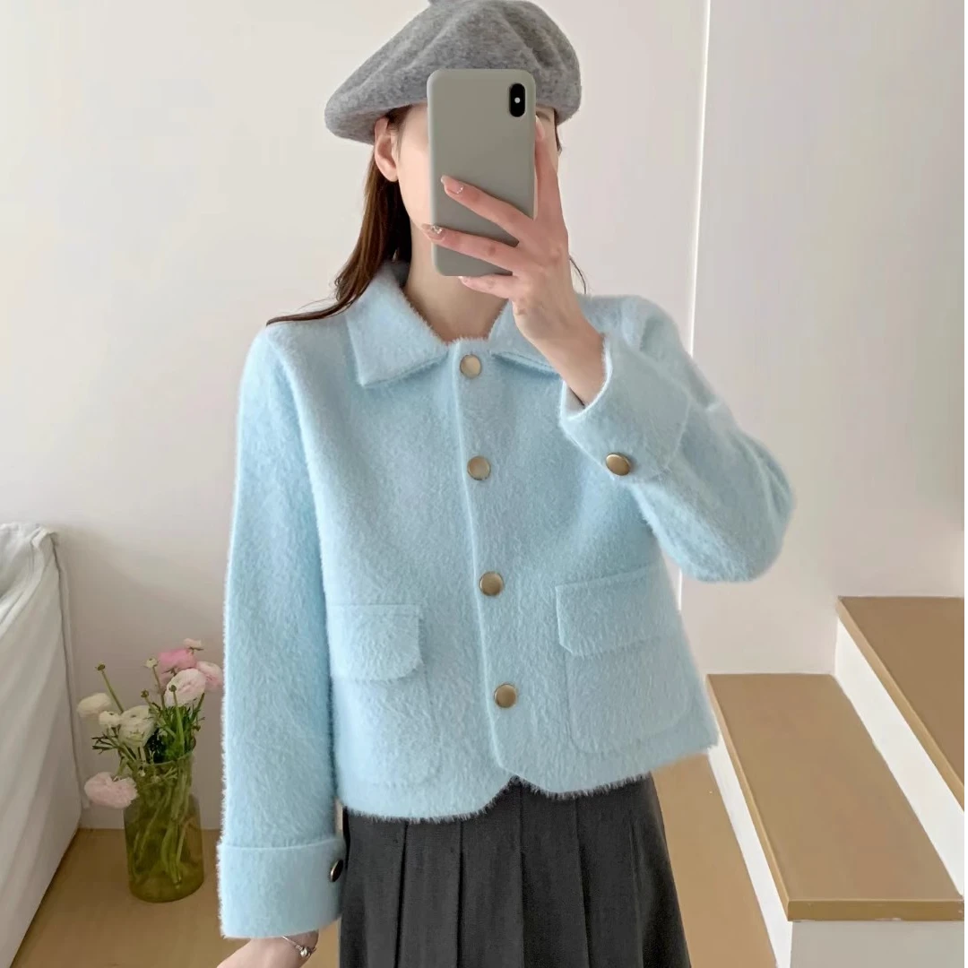 法式小个子翻领外套女2025秋冬新款仿水貂绒小香风针织开衫上衣厚