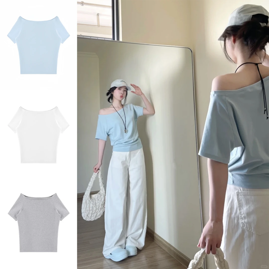 蓝色甜辣妹斜领露肩短袖T恤女装夏季新款宽松显瘦一字肩漂亮上衣