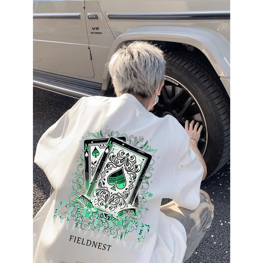 男士纯棉美式设计感扑克印花短袖t恤男生夏季潮牌痞帅高级上衣ins