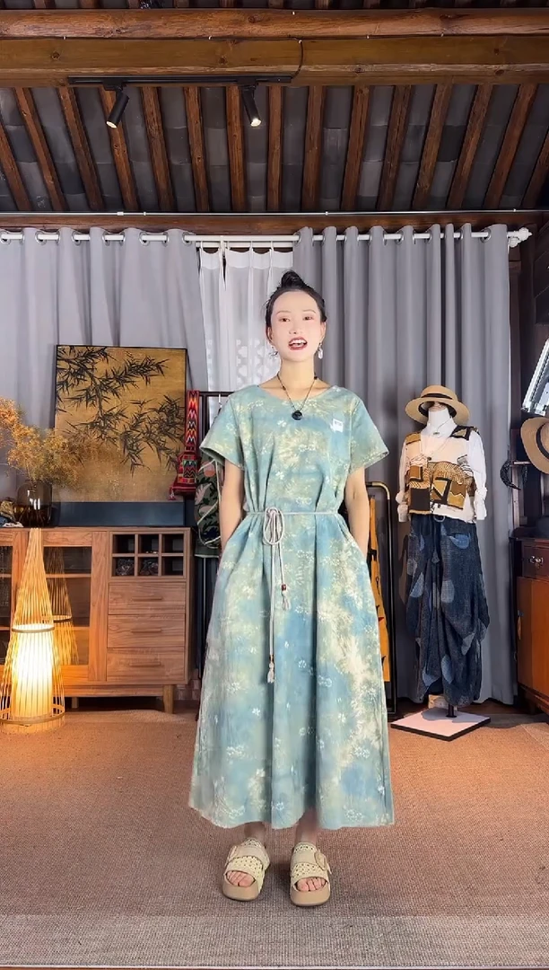 设计师款 黄绿扎花棉麻短袖连衣裙