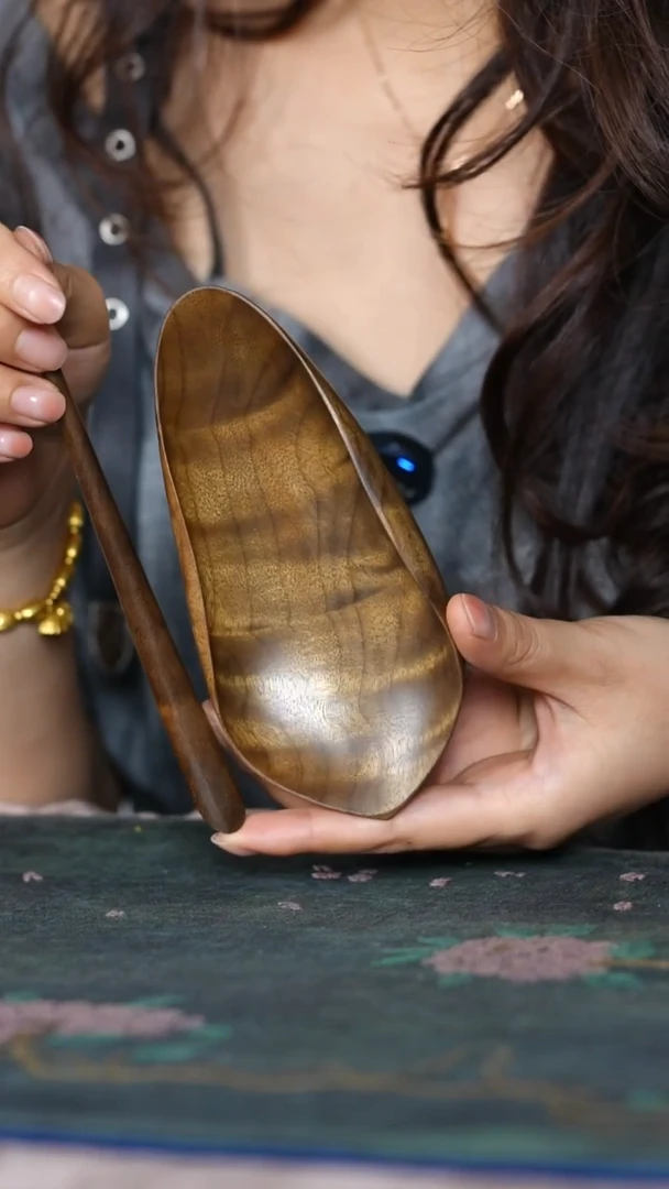 古沉金丝楠水波纹茶则两件套