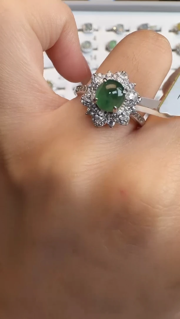 银S925镶嵌戒指翡翠通体925银镶缅甸A货翡翠戒指0294