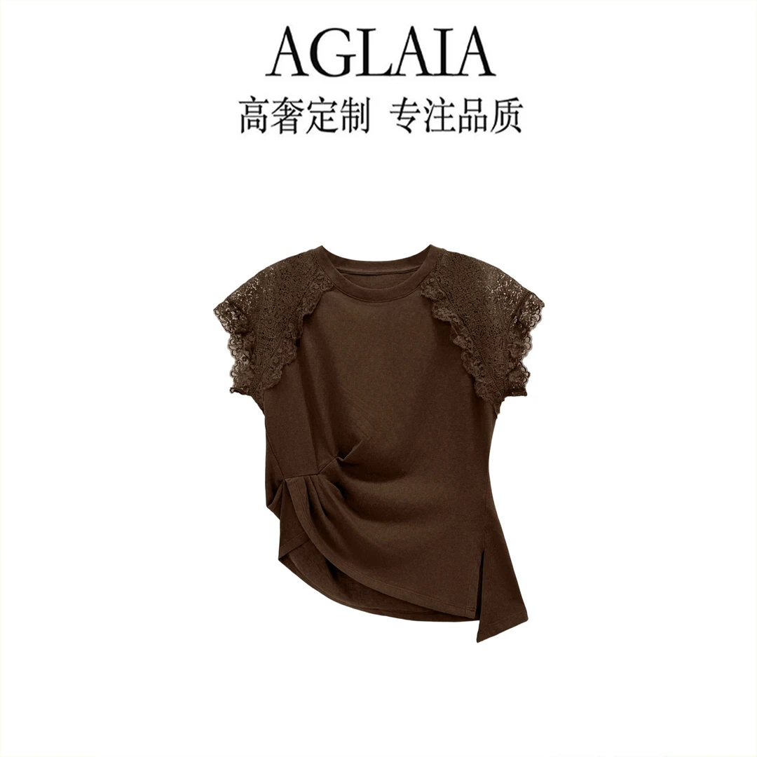 AGLAIA~夏季新款设计感小众蕾丝拼接收腰显瘦气质短袖T恤上衣6855