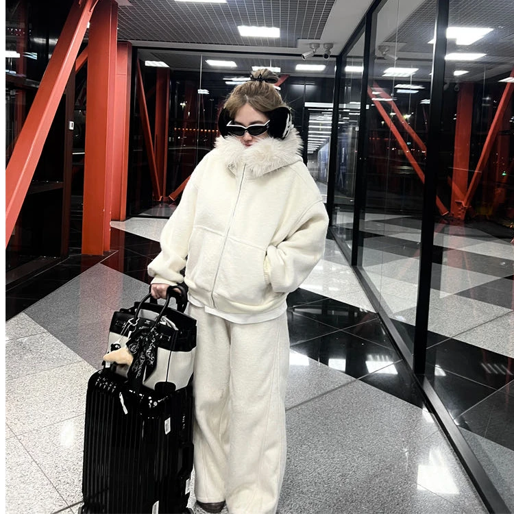 美式复古白色毛领连帽外套女秋冬季高级感慵懒风休闲宽松裤子套装