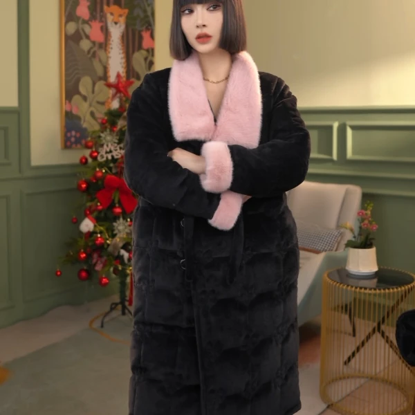 妍色物语【粉锦】长款三层加绵家居服可翻领睡衣加绒加厚冬