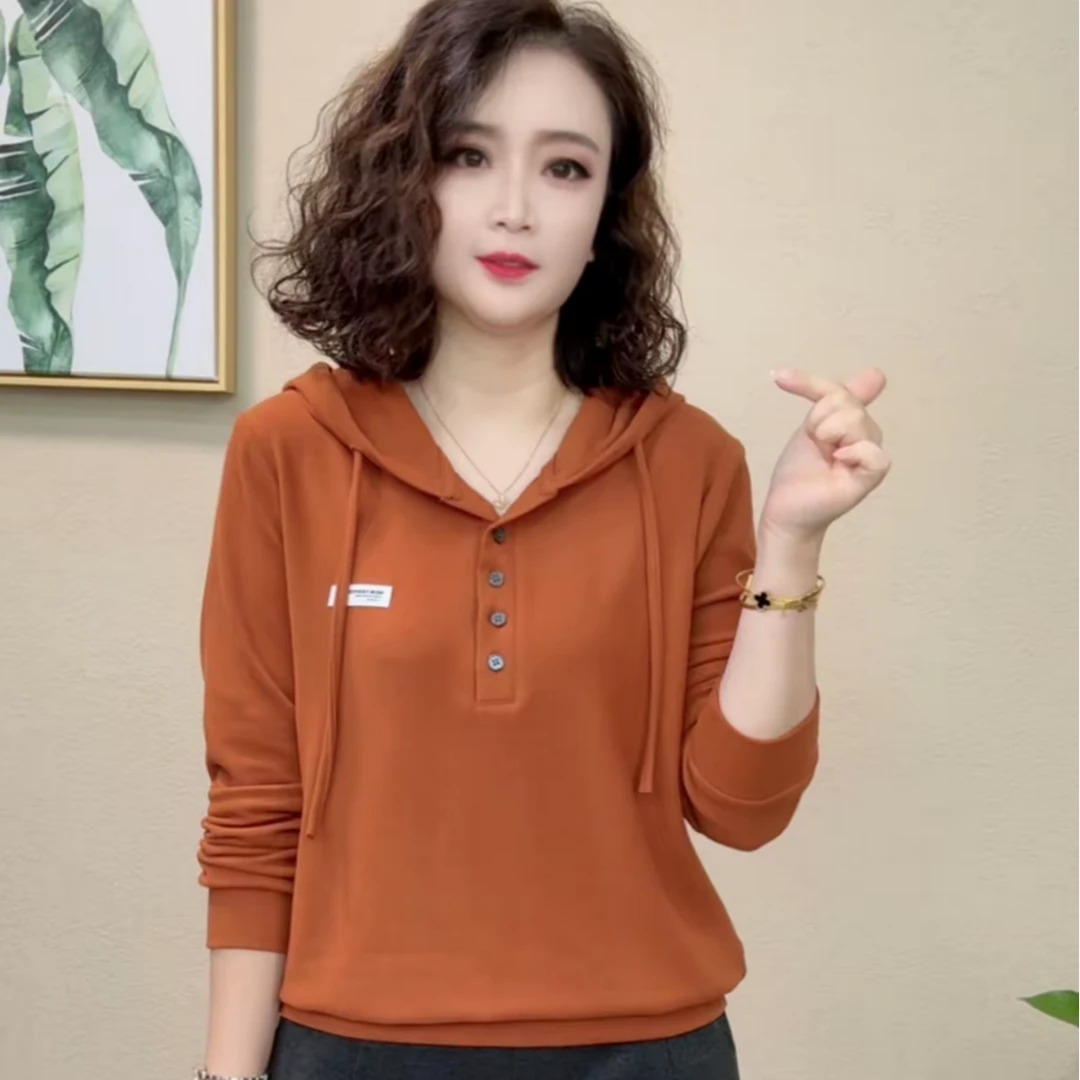 2025秋季新款纽扣款时尚洋气休闲百搭宽松显瘦连帽女士卫衣#77786