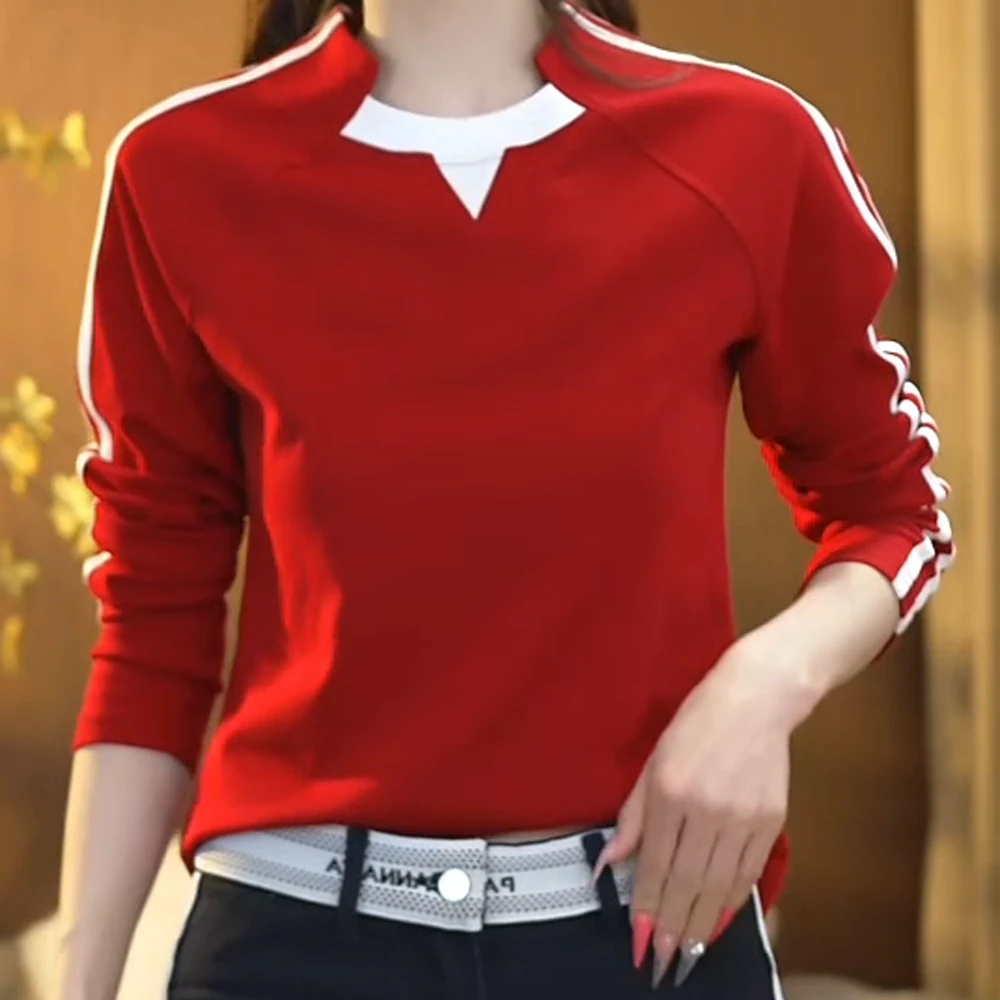 2025春季休闲条杠圆领百搭长袖T恤减龄修身上衣显瘦气质女士