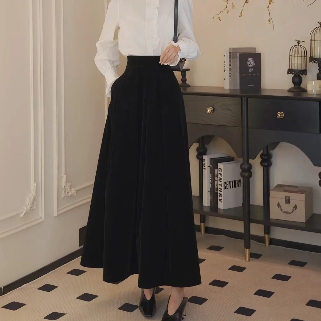秋冬新款名媛风时尚气质半身裙复古黑色丝绒女士裙子