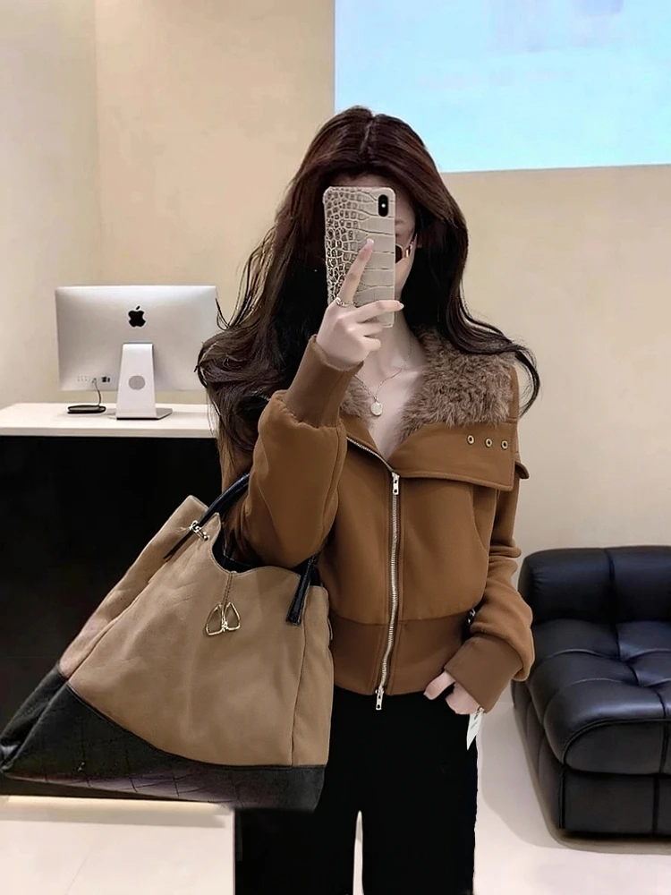 美拉德时尚洋气时髦休闲百搭高级感气质巨好看焦糖色毛领外套女冬