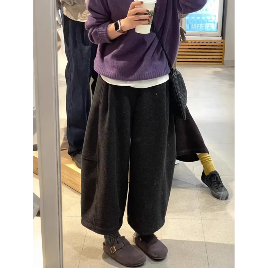 深灰色毛呢休闲裤女秋冬加绒加厚大码胖mm梨形身材高腰八分阔腿裤