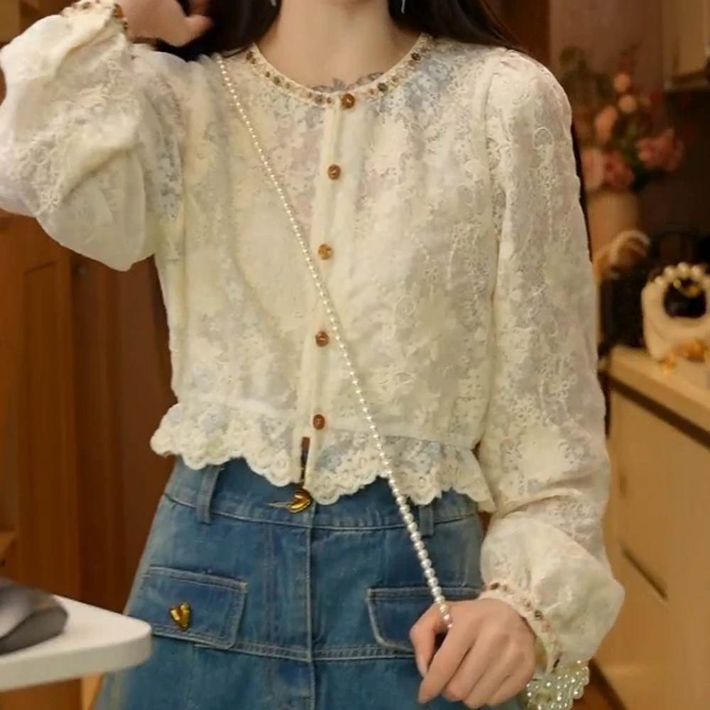 【初恋蜜语】衬衫重工手工钉珠刺绣衬衫女2025春季长袖蕾丝上衣
