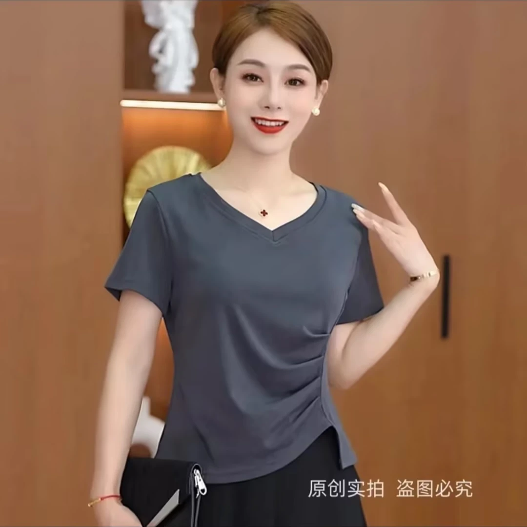 2025新款爆款女短袖T恤显瘦气质修身时尚夏季不规则上衣遮肚子