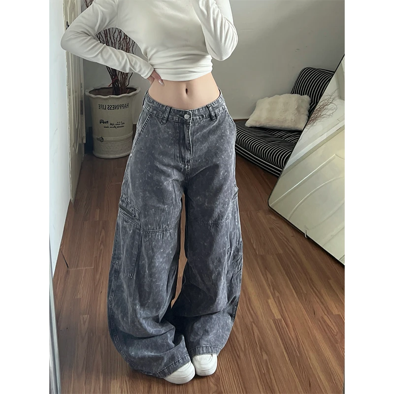 美式复古设计感炒雪花工装裤子女辣妹水洗做旧宽松bf慵懒风拖地裤