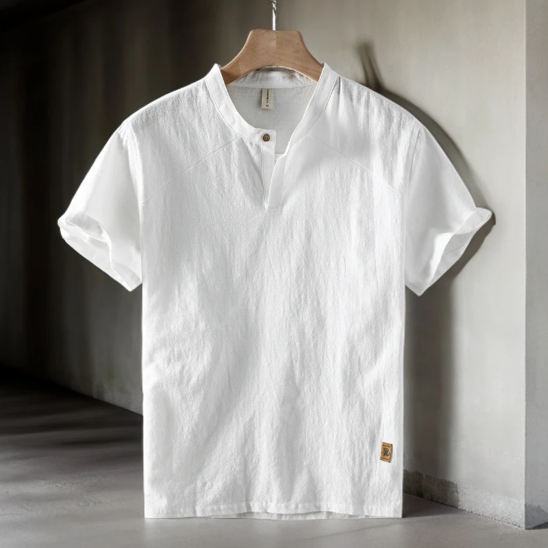 2025夏季复古透气休闲套头亚麻短袖衬衫立领棉麻薄款宽松半袖衬衣