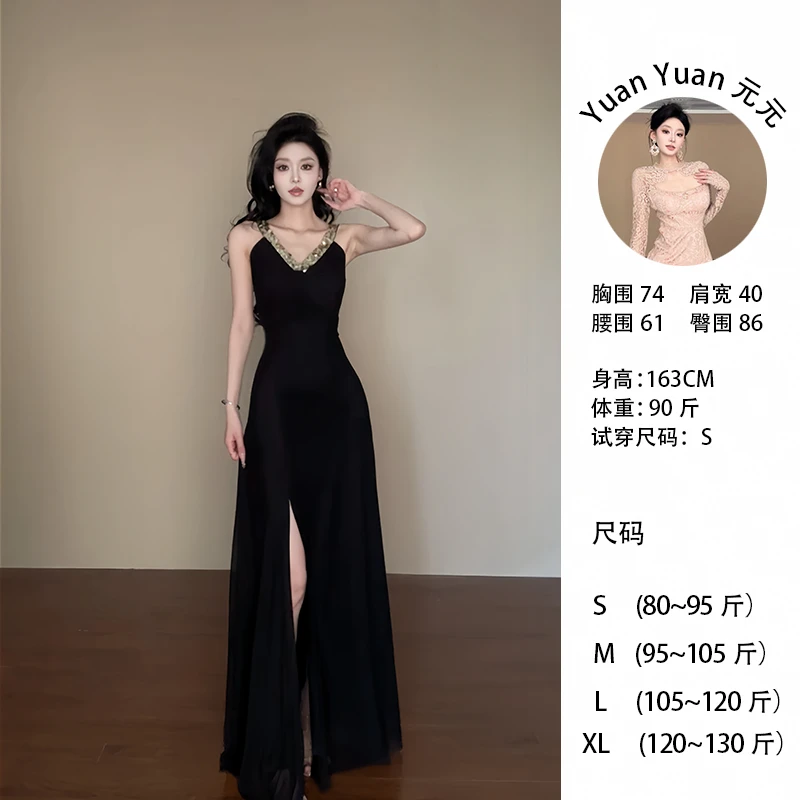 g2/F010【元元】高级手工亮片性感挂脖气质御姐轻熟风露背吊带长裙