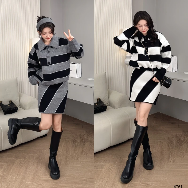 saeda品牌女装高级感条纹抽绳上衣斜纹短裙两件套YF4761