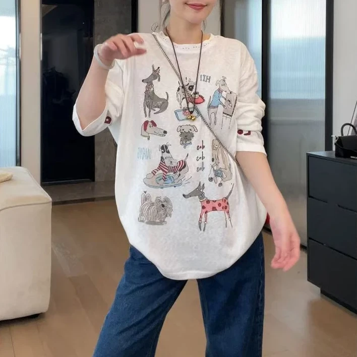 清仓~春夏季2025小众设计感休闲风极简风时尚百搭显瘦刺绣小狗T恤