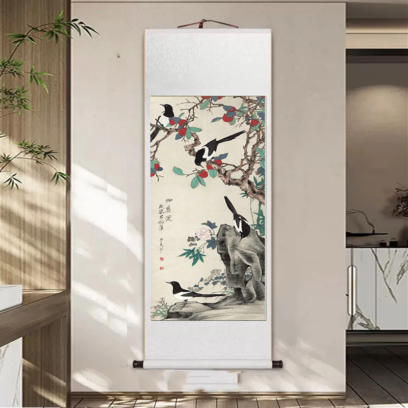 《四喜图轴图》玄关装饰画卷轴挂客厅办公室茶室进门复刻|装裱