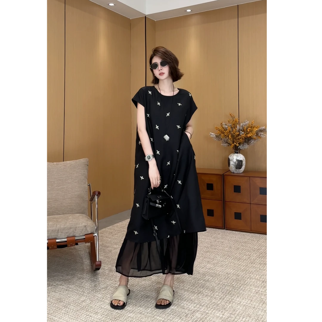 YYOUHAN 2025新款【遐想蜜蜂】轻纱拼接极简风刺绣连衣裙 2506C3209