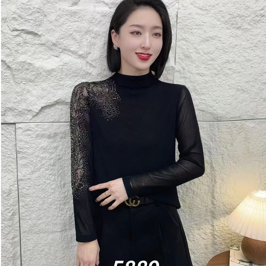 【韩紫朵 】2024新品气质半高领烫钻洋气时尚长袖修身显瘦7610