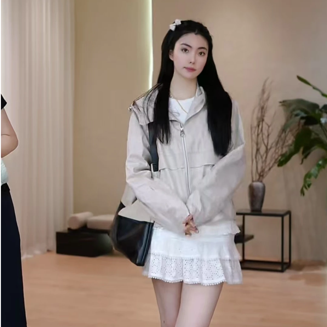 PM王囡囡 “杏仁烤奶” 杏色亚麻拉链连帽外套 ND1A0087