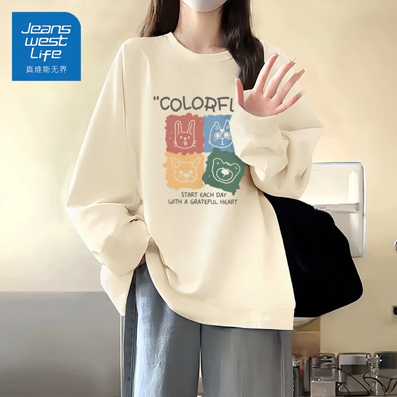 真维斯无界女装纯棉休闲大码印花上衣2025新款卫衣百搭长袖T恤衫