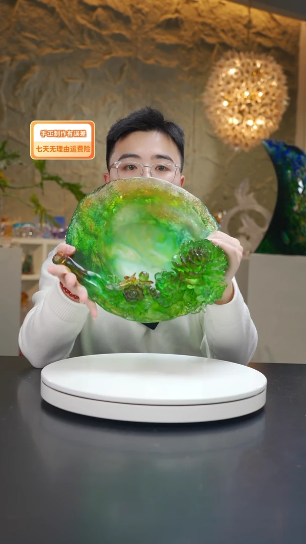 手工艺品琉璃祖母绿如意牡丹设计款果盘