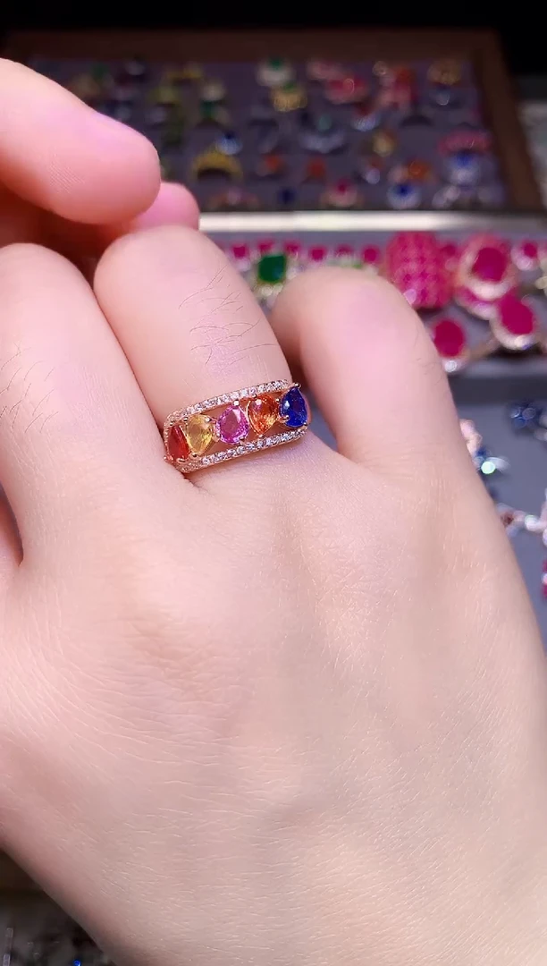 戒指彩色蓝宝石银S925镶嵌.....