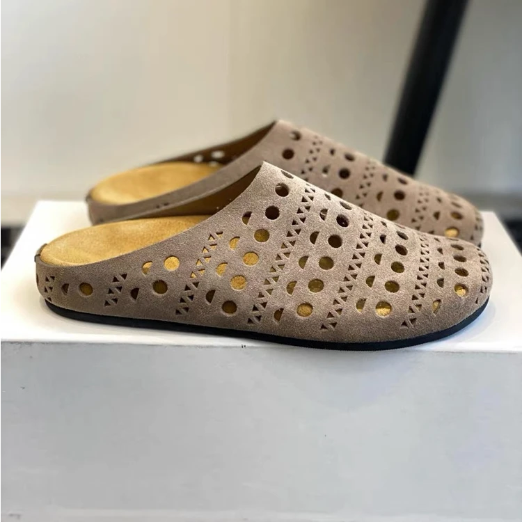 欧美2025夏季新款镂空透气洞洞鞋懒人包头一脚蹬勃肯鞋半拖凉鞋女