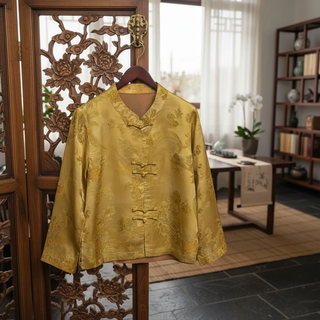 【高蚕】蚕丝鎏金直襟立领薄款长袖常规款提花上衣重磅黄色中国风