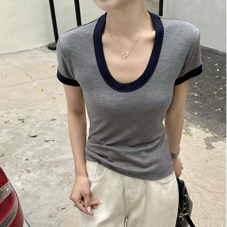 常规款老钱风短袖短款常规V领T恤百搭设计感夏季新款修身显瘦圆领