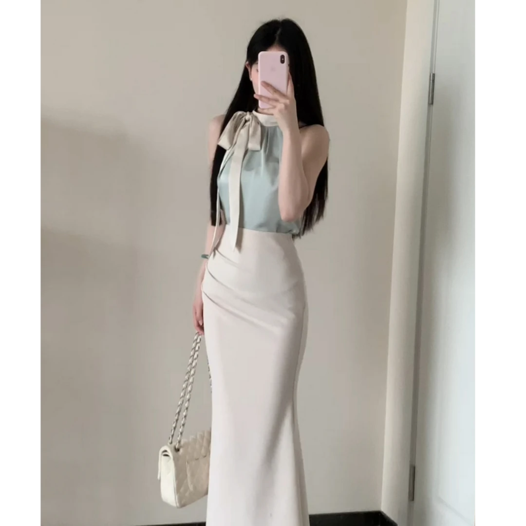 【月色山茶】夏季新款时尚千金感无袖挂脖背心显瘦气质T恤XY-123