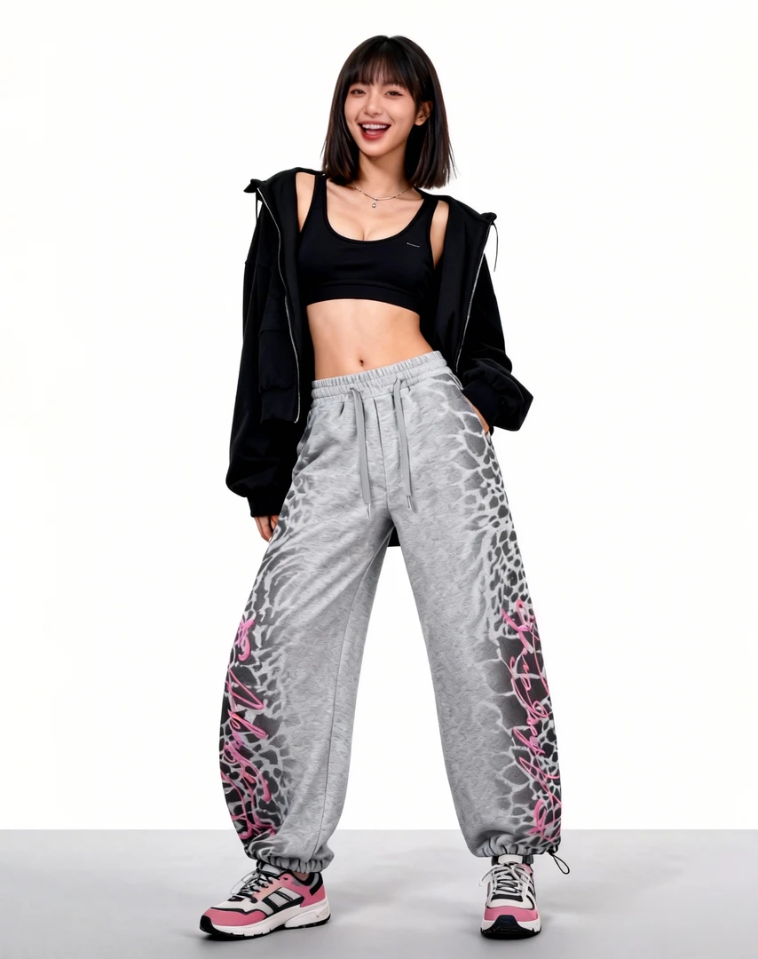 美式街头嘻哈潮流个性朋克风豹纹字母印花宽筒运动卫裤休闲长裤秋