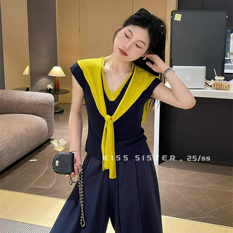 时尚慵懒风修身显瘦撞色V领带披肩上衣夏季新款韩系飞飞袖针织衫