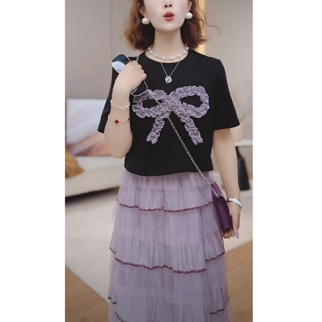 撞色拼接假两件短袖连衣裙女2025夏季新款洋气减龄显瘦中长款裙子