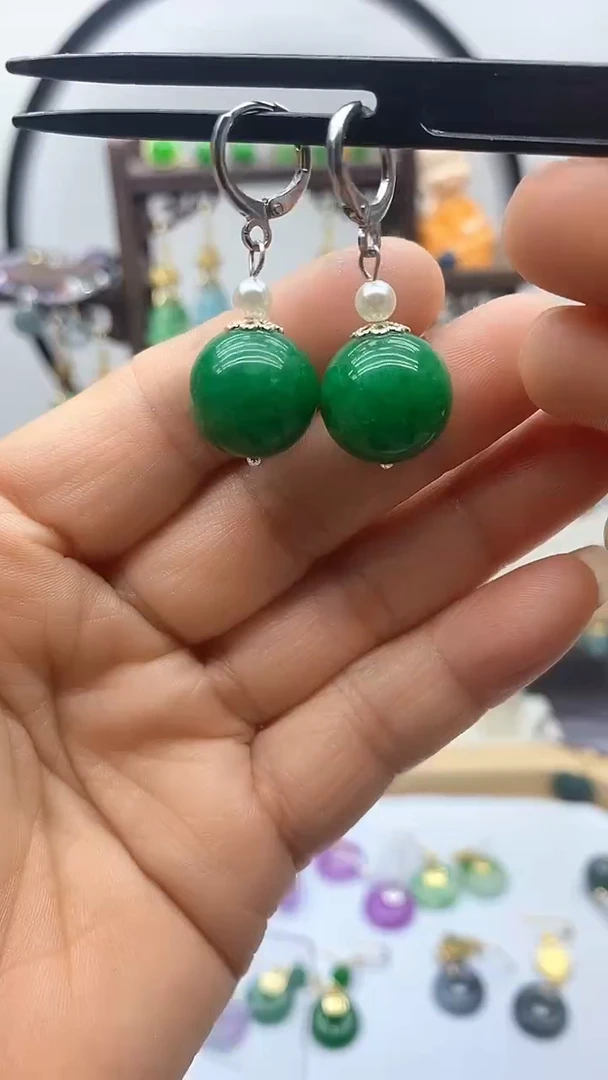 石英质玉（非洲翠）银S925镶嵌耳饰125