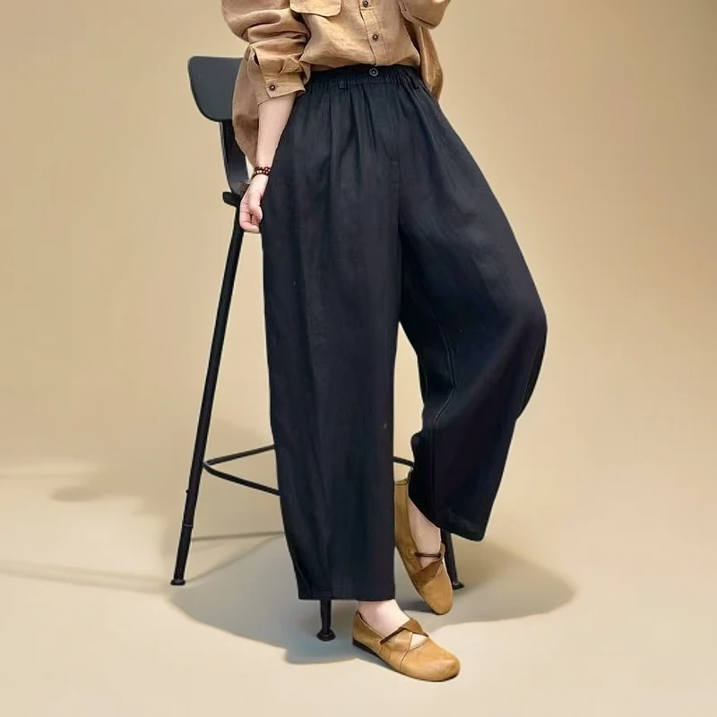 Yiwen 2025新款亚麻松紧腰显瘦时尚休闲款净版一粒扣萝卜裤 1079