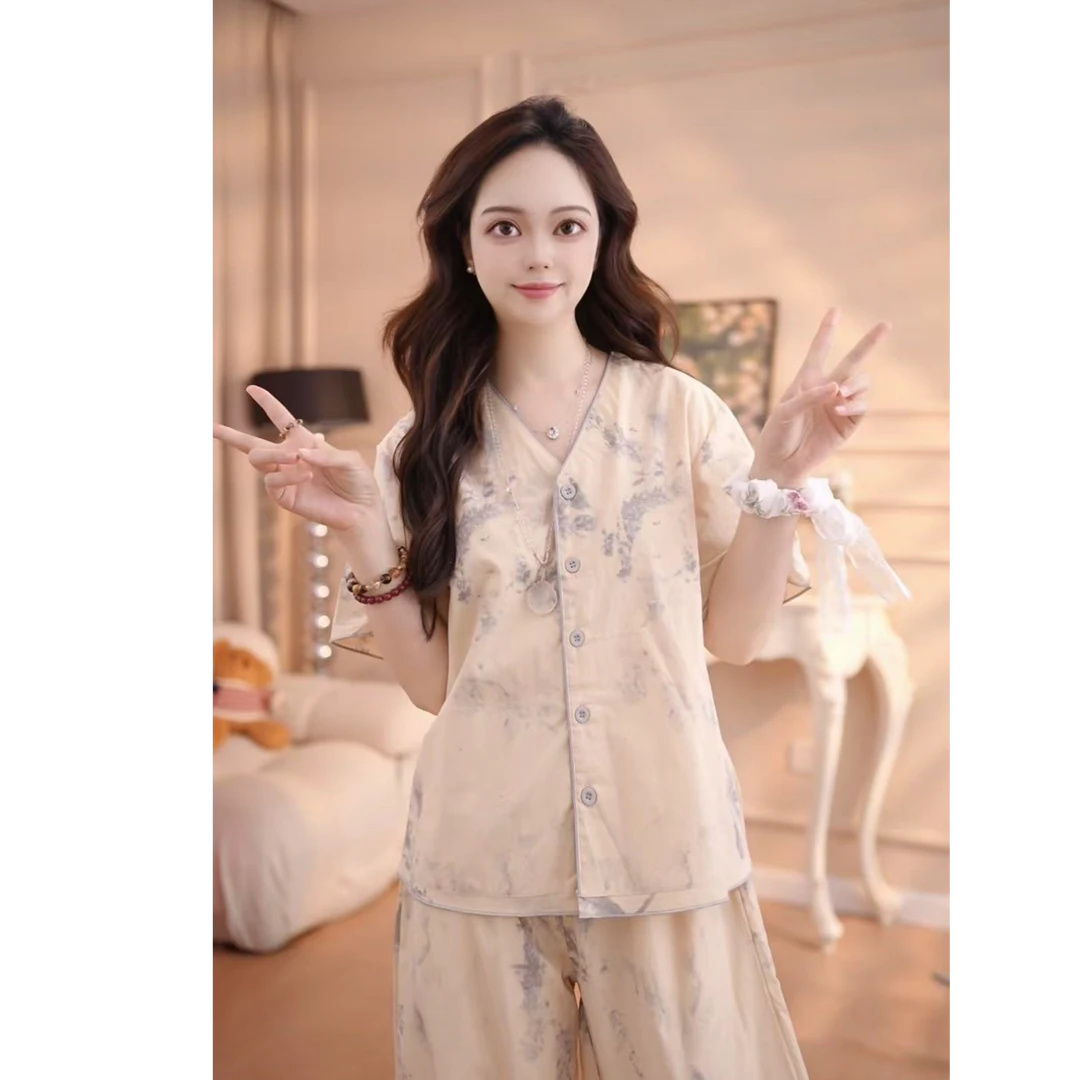 【漫禾】套装 甜美睡衣棉夏天薄款舒适纯棉纯棉休闲家居服QQ