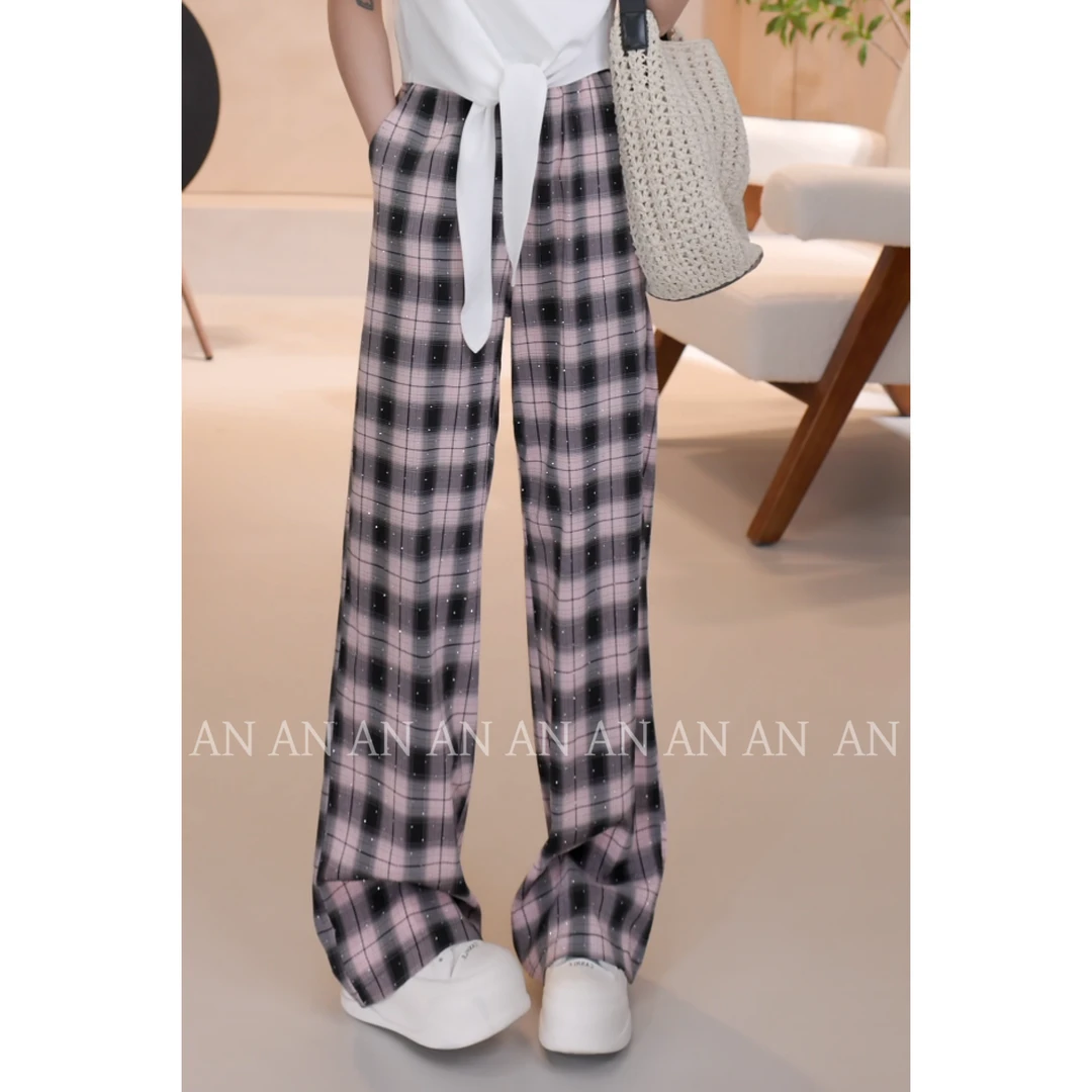 【比例天菜】B3088时尚减龄烫钻格子裤休闲垂感直筒裤子