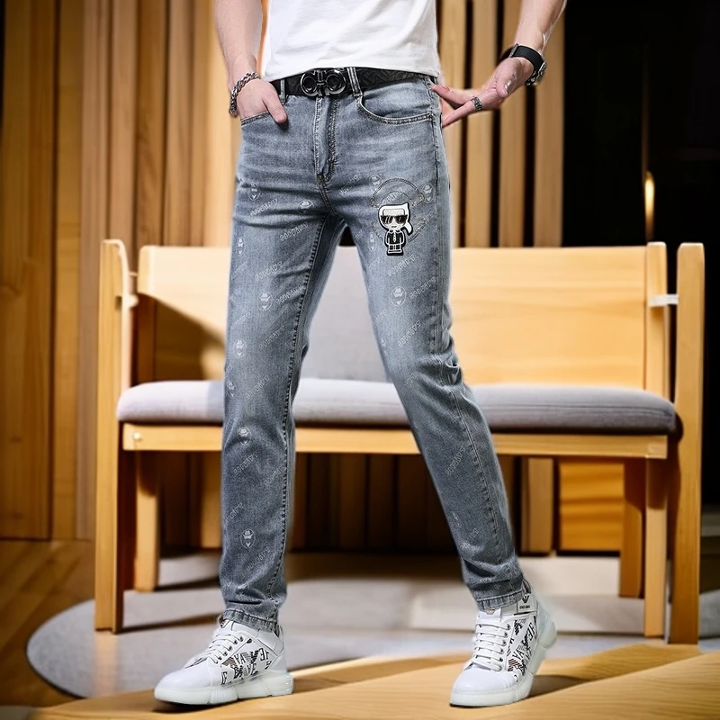 维斯克纳夏季薄款烫钻印花男士牛仔裤修身小脚潮牌弹力休闲长裤男