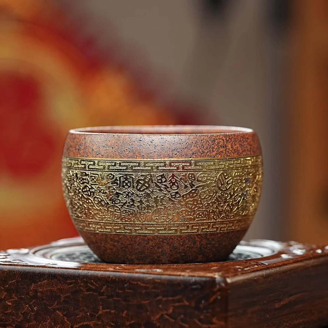 宜兴原矿龙骨金砂柴烧全手工鎏金百福主人杯