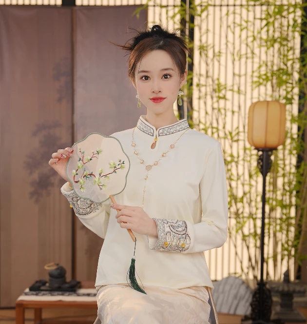 CJ 中式提花上衣2025立领长袖气质百搭内搭FB25011603