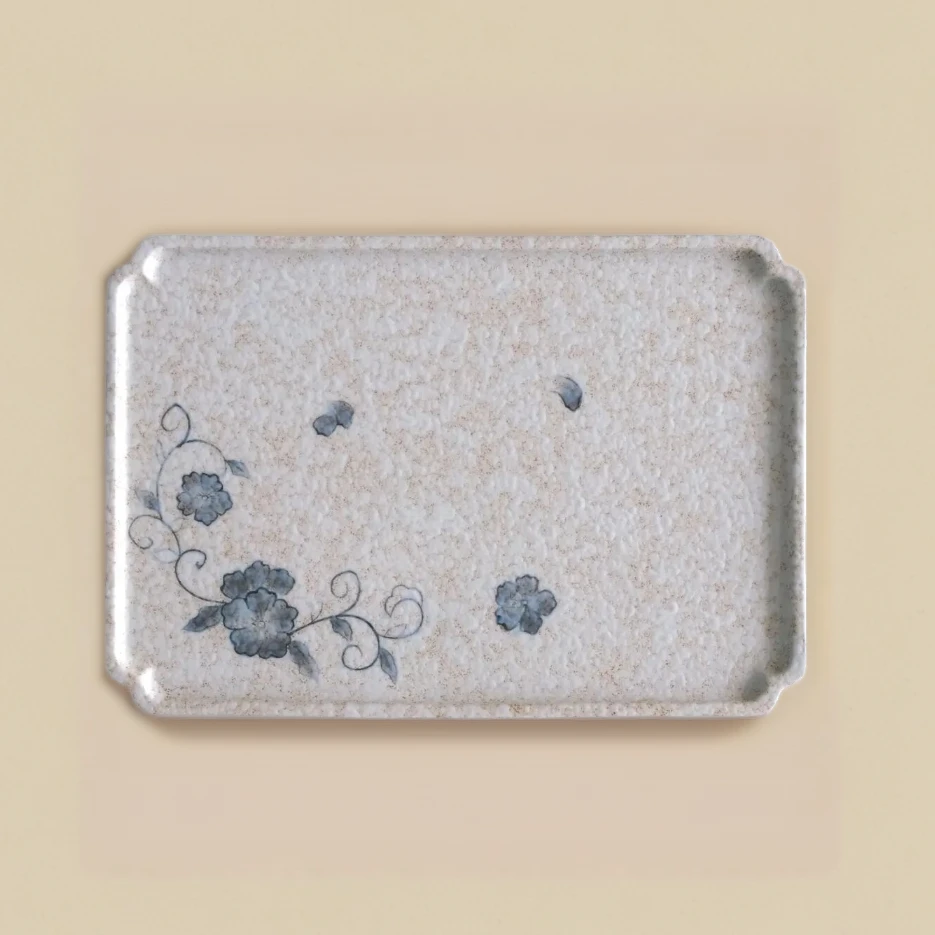 原矿火石红釉下手绘青花缠枝蔷薇-四方长方壶承干泡盘