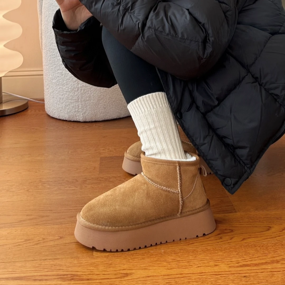 【厚底 冬雨同款】冬雨同款低筒真皮真毛雪地鞋加厚雪地鞋