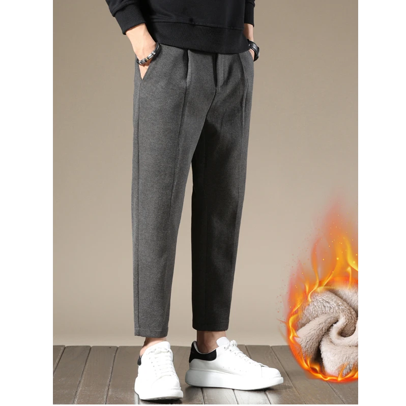 爱若摩根冬季加绒加厚九分休闲裤男毛呢西裤直筒百搭秋冬垂感韩版