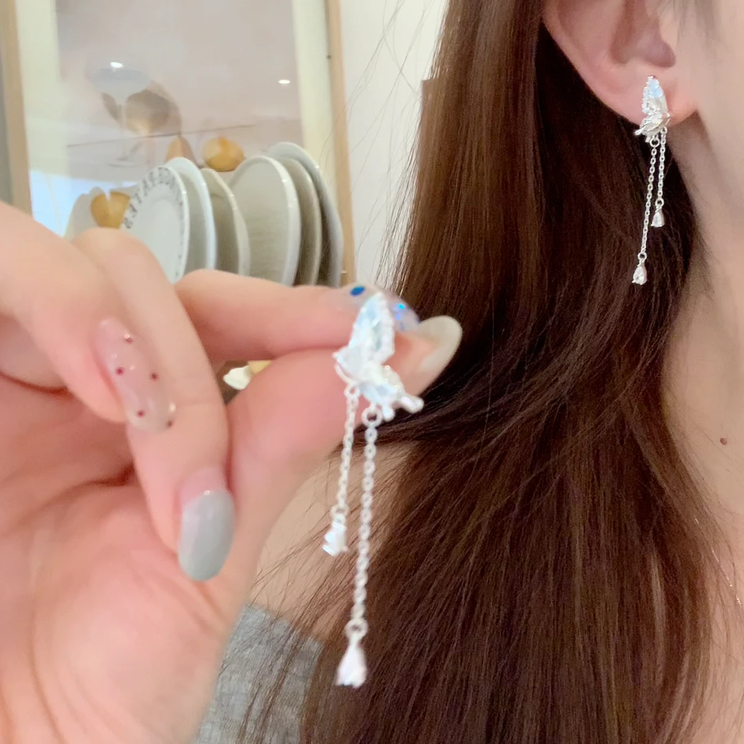 铜合金锆石耳饰 春夏清冷感长款蝴蝶流苏耳环女气质超仙耳环耳饰