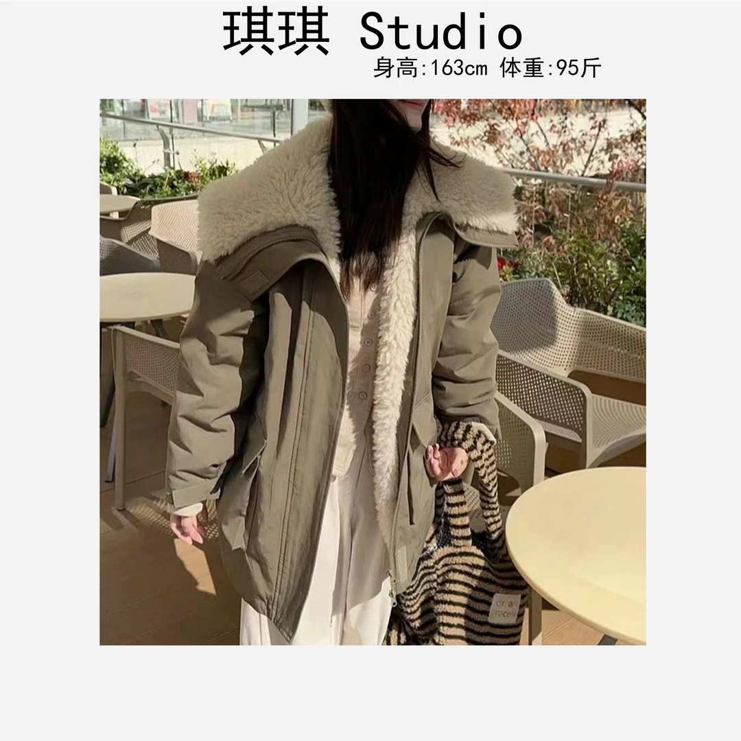 冬季新款魔术贴拉链大口袋潮流气质时尚显瘦减龄羔毛外套6161-G