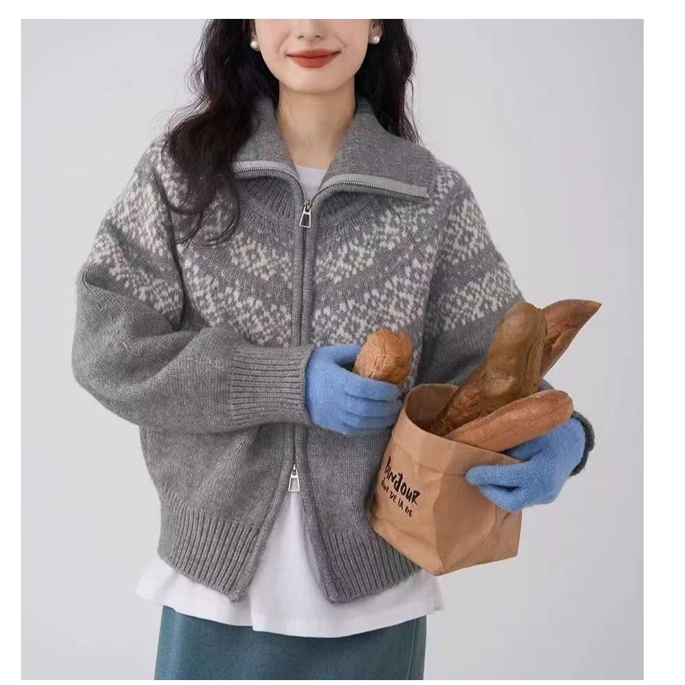 韩系复古提花拉链费尔岛毛衣外套秋冬女装加厚短款翻领针织开衫